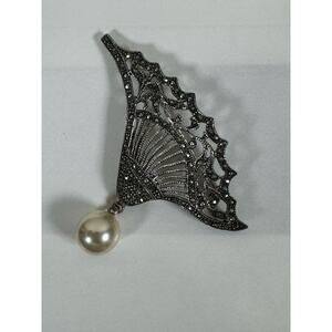 Sterling Silver Marcasite Fan Brooch Corsage Pin Pearl Dangle Deco Beauty